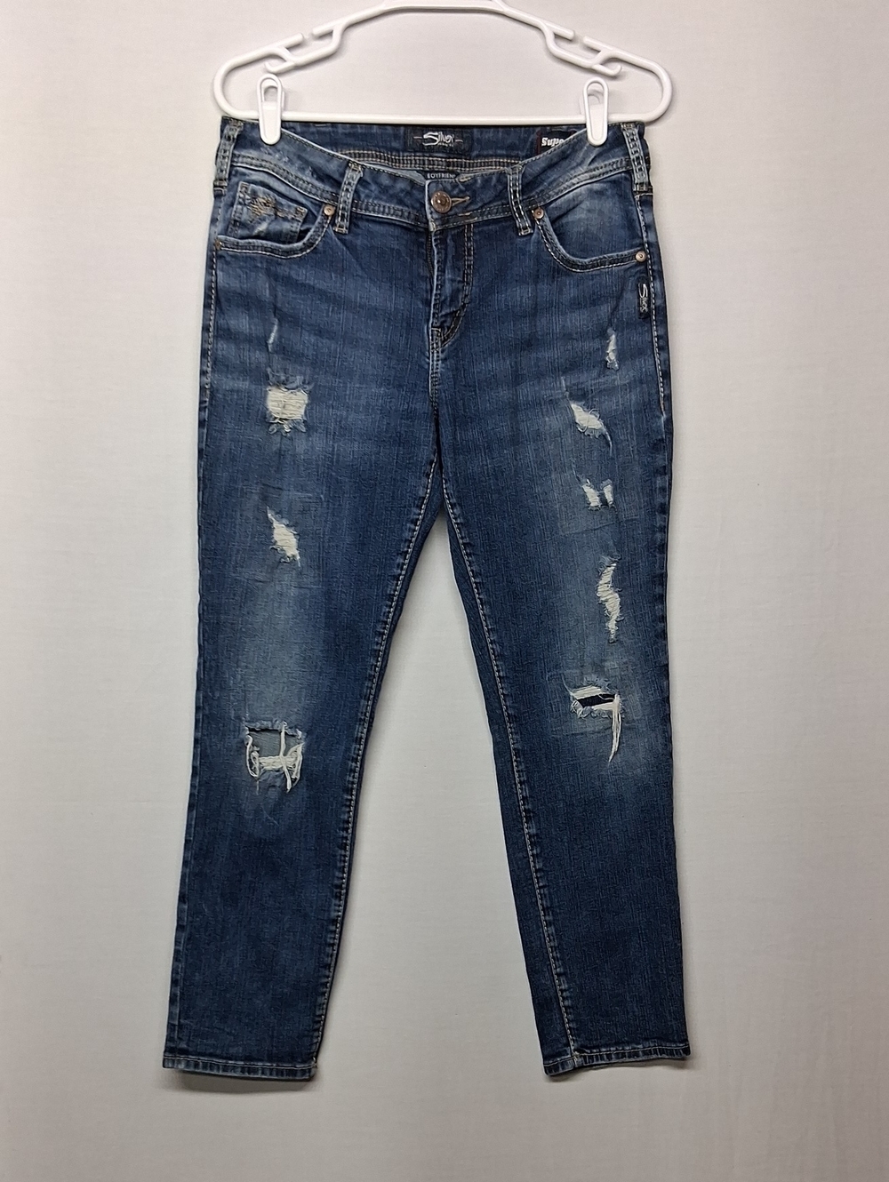 Silver Jeans Boyfriend Fit Distressed Indigo Blue Denim